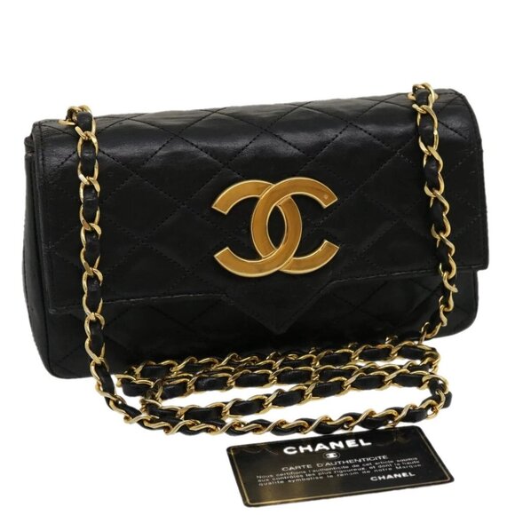 CHANEL Matelasse Shoulder Bag Lamb Skin Black Gold CC Auth jk1831 - Picture 1 of 16